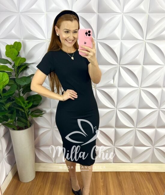 Vestido Anarruga Tubinho Mídi Marcia - Preto - Milla Chic