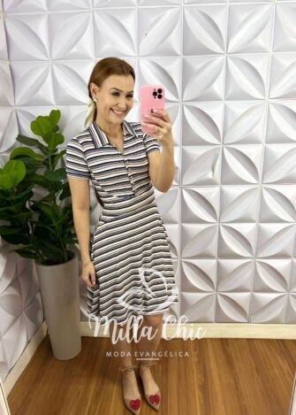 Vestido Canelado De Algodão Com Botão Valência - Azul - Milla Chic