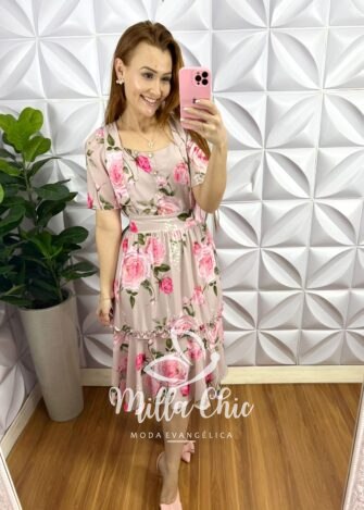 Vestido Crepe Georgette Floral Botões Perolado Mídi Catherine - Nude com Rosa - Milla Chic