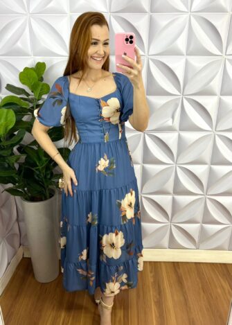 Vestido Chiffon Floral Mídi Com Marias Liana - Azul - Milla Chic