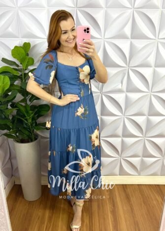 Vestido Chiffon Floral Mídi Com Marias Liana - Azul - Milla Chic