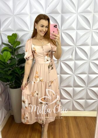 Vestido Chiffon Floral Mídi Com Marias Liana - Rose - Milla Chic