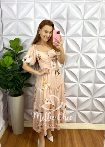 Vestido Chiffon Floral Mídi Com Marias Liana - Rose - Milla Chic