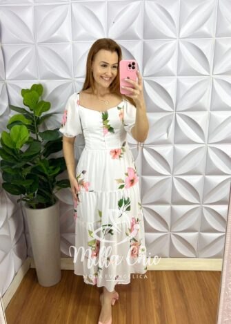 Vestido Chiffon Floral Mídi Com Marias Liana - Branco - Milla Chic