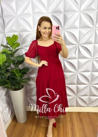 Vestido Chiffon Mídi Com Botões Encapados e Marias Évora - Vermelho - Milla Chic