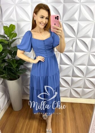 Vestido Chiffon Mídi Com Botões Encapados e Marias Évora - Azul - Milla Chic
