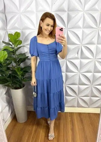 Vestido Chiffon Mídi Com Botões Encapados e Marias Évora - Azul - Milla Chic