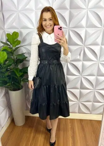 Vestido Couro Mídi Com Bojo Tatiane - Preto - Milla Chic