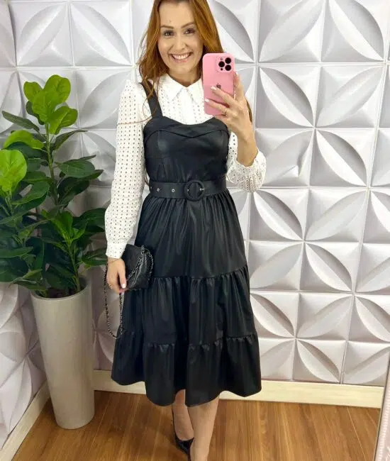 Vestido Couro Mídi Com Bojo Tatiane - Preto - Milla Chic