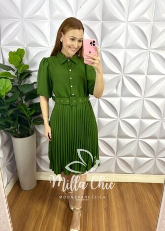 Vestido Crepe Alfaiataria Com Saia Plissada Aurora - Verde - Milla Chic