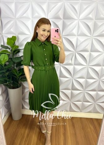 Vestido Crepe Alfaiataria Com Saia Plissada Aurora - Verde - Milla Chic