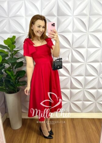 Vestido Crepe Alfaiataria Mídi Godê Com Laço Alice - Vermelho - Milla Chic