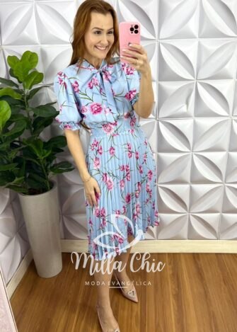 Vestido Crepinho Floral Com Saia Plissada Aurora - Azul - Milla Chic