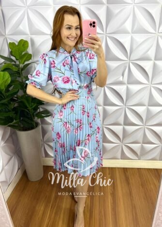 Vestido Crepinho Floral Com Saia Plissada Aurora - Azul - Milla Chic