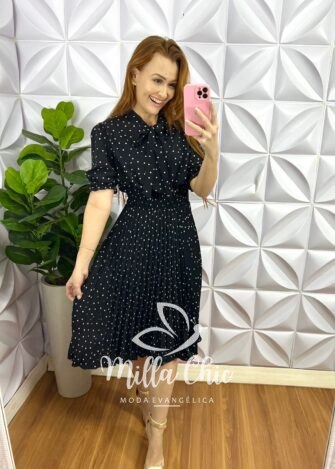 Vestido Crepinho Poá Com Saia Plissada Aurora - Preto - Milla Chic