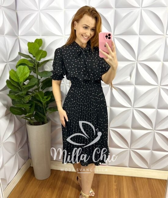 Vestido Crepinho Poá Com Saia Plissada Aurora - Preto - Milla Chic