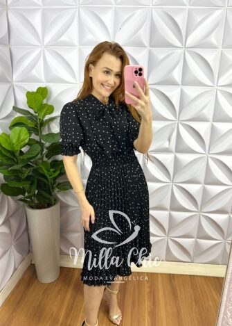 Vestido Crepinho Poá Com Saia Plissada Aurora - Preto - Milla Chic