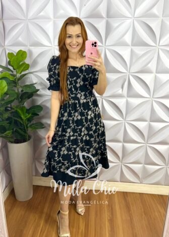 Vestido Dunna Bordado Mídi Hevelin - Preto - Milla Chic