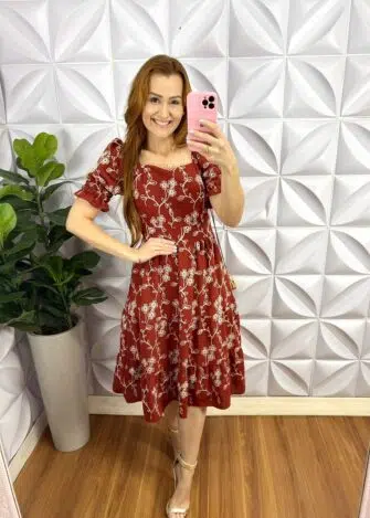 Vestido Dunna Bordado Mídi Hevelin - Terra Cota - Milla Chic