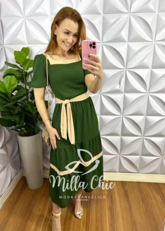 Vestido Dunna Mídi Com Marias e Cinto Bicolor Marcela - Verde - Milla Chic