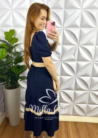 Vestido Dunna Mídi Com Marias e Cinto Bicolor Marcela - Azul - Milla Chic