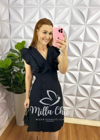 Vestido Estilo Sobretudo Linhocel Botão Encapado Cecília - Preto - Milla Chic