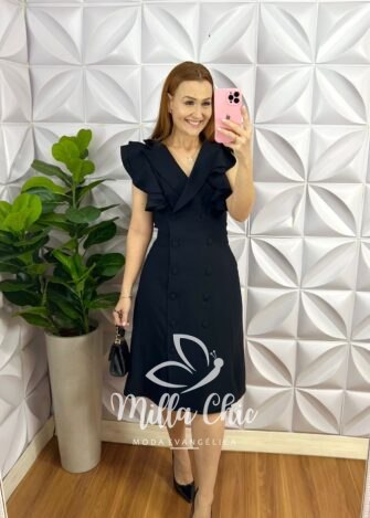 Vestido Estilo Sobretudo Linhocel Botão Encapado Cecília - Preto - Milla Chic