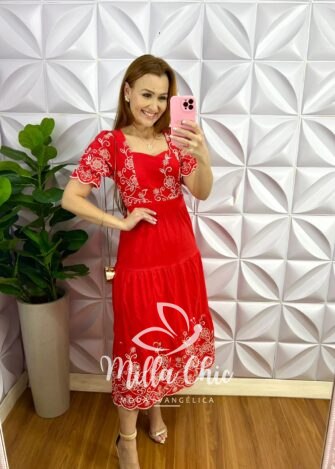 Vestido Laíse 100% Algodão Bordado Helena - Vermelho - Milla Chic