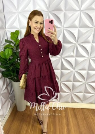 Vestido Lasie Algodão Mangas Longa Botões De Perolas Catarina - Cherry - Milla Chic