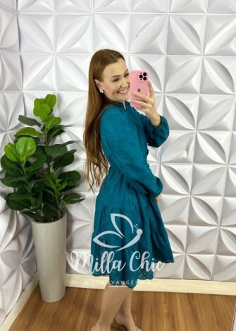 Vestido Lasie Algodão Mangas Longa Botões De Perolas Catarina - Verde - Milla Chic