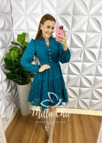 Milla Chic - millachic com br vestido lasie algodao mangas longa botoes de perolas catarina cherry copia 2 Vestido Lasie Algodão Mangas Longa Botões De Perolas Catarina - Verde - Milla Chic