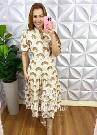 Vestido Laise Algodão Mangas Princesa Bicolor Krystal - Caramelo - Milla Chic