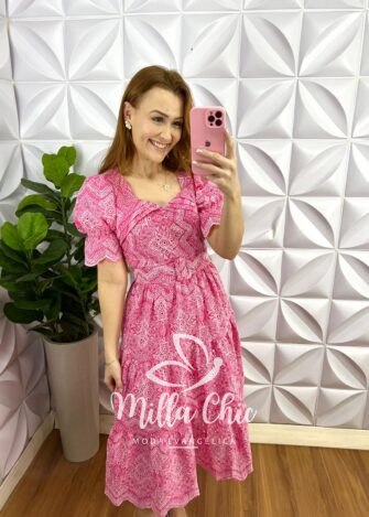 Vestido Lasie de Algodão com Cinto Encapado Emily - Rosa - Milla Chic