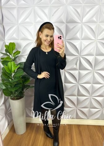 Vestido Lãzinha Tubinho Com Cardigã Greta - Preto - Milla Chic