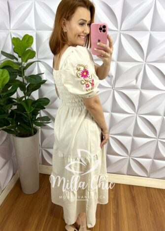 Vestido Linho Com Bordados Na Manga Mídi Nazaré - Areia - Milla Chic