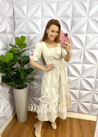 Vestido Linho Com Bordados Na Manga Mídi Nazaré - Areia - Milla Chic