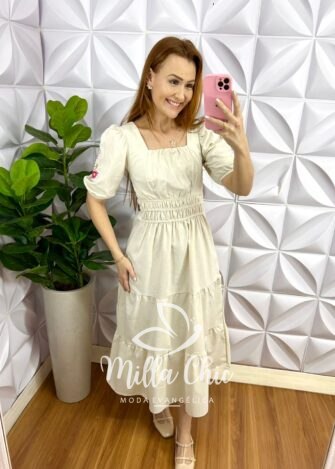 Vestido Linho Com Bordados Na Manga Mídi Nazaré - Areia - Milla Chic