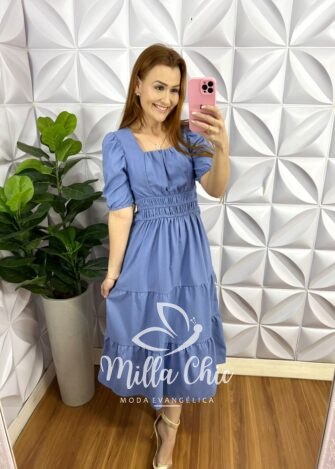 Vestido Linho Com Bordados Na Manga Mídi Nazaré - Azul - Milla Chic