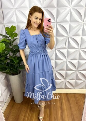 Vestido Linho Com Bordados Na Manga Mídi Nazaré - Azul - Milla Chic