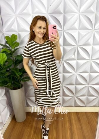 Vestido Malha Listrado Com Cinto Faixa Franciele - Marrom - Milla Chic