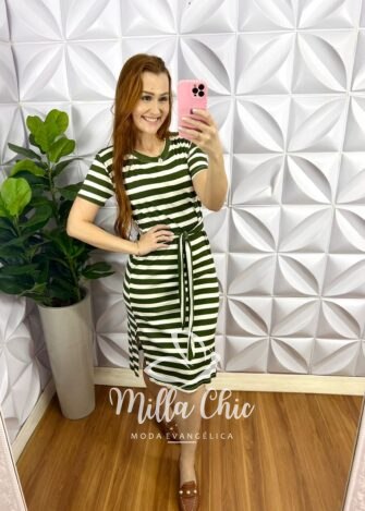 Vestido Malha Listrado Com Cinto Faixa Franciele - Verde - Milla Chic