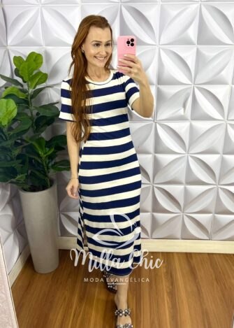 Vestido Malha Listrado Mídi Fenda Lateral Larissa - Azul - Milla Chic