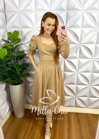 Vestido No Linho Mídi Com Bolso Lateral Caline - Areia - Milla Chic