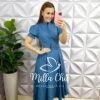 Vestido No Tricoline Mídi Com Botões Encapados Nivea - Azul - Milla Chic