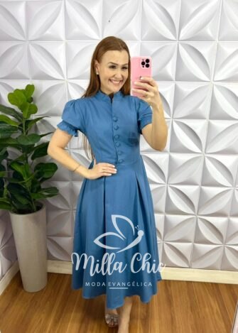 Vestido No Tricoline Mídi Com Botões Encapados Nivea - Azul - Milla Chic