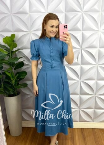 Vestido No Tricoline Mídi Com Botões Encapados Nivea - Azul - Milla Chic