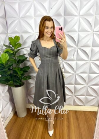 Vestido No Linho Mídi Com Bolso Lateral Caline - Cinza - Milla Chic