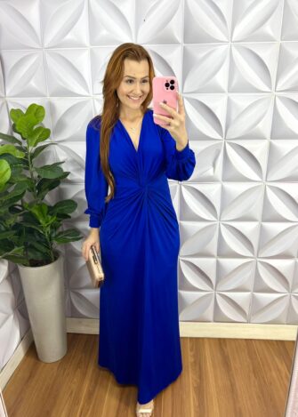 Vestido Tecido Fluity Longo Com Torção Francesca - Azul - Milla Chic
