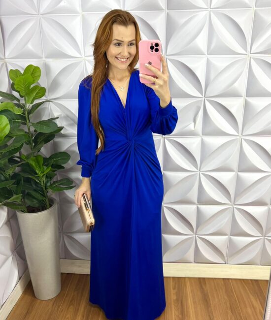 Vestido Tecido Fluity Longo Com Torção Francesca - Azul - Milla Chic