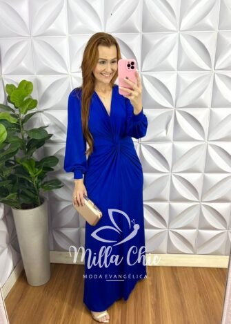 Vestido Tecido Fluity Longo Com Torção Francesca - Azul - Milla Chic